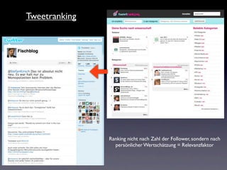 Tweetranking




               Ranking nicht nach Zahl der Follower, sondern nach
                 persönlicher Wertschätzung = Relevanzfaktor
 