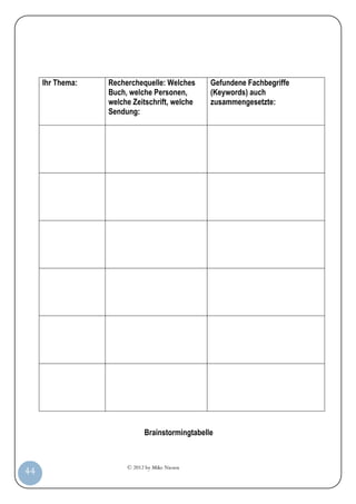 © 2012 by Mike Niesen
44
Brainstormingtabelle
Ihr Thema: Recherchequelle: Welches
Buch, welche Personen,
welche Zeitschrift, welche
Sendung:
Gefundene Fachbegriffe
(Keywords) auch
zusammengesetzte:
 