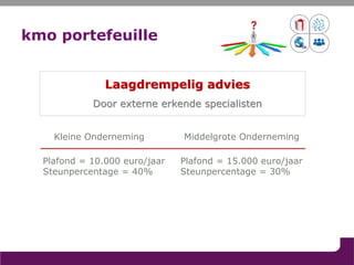 Subsidies voor prospectie (1)
Basisvoorwaarden
• Vestiging in Vlaanderen
• KMO (max 250 WN, 50mio€ omzet of 43mio€ balans...