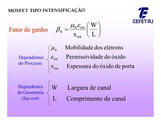






L
W
xox
ox
n
n



Fator de ganho
Fator de ganho
Dependentes
do Processo
porta
de
óxido
do
Espessura
x
óxido
do
dade
Permissivi
elétrons
dos
Mobilidade
ox
ox
n


Dependentes
da Geometria
(lay-out)
W Largura de canal
L Comprimento de canal
 