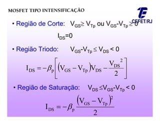 • Região de Corte: VGS VTp ou VGS-VTp  0
IDS=0
• Região Triodo: VGS-VTp  VDS < 0
  









2
V
V
V
V
I
2
DS
DS
Tp
GS
p
DS 
• Região de Saturação: VDS VGS-VTp < 0
 
2
V
V
I
2
Tp
GS
p
DS


 
 