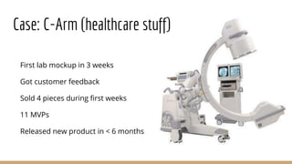 Case: C-Arm (healthcare stuff)
First lab mockup in 3 weeks
Got customer feedback
Sold 4 pieces during first weeks
11 MVPs
Released new product in < 6 months
 