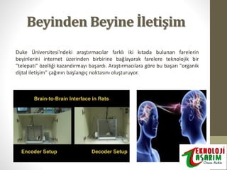 Beyinden Beyine İletişim
Duke Üniversitesi'ndeki araştırmacılar farklı iki kıtada bulunan farelerin
beyinlerini internet üzerinden birbirine bağlayarak farelere teknolojik bir
"telepati" özelliği kazandırmayı başardı. Araştırmacılara göre bu başarı "organik
dijtal iletişim" çağının başlangıç noktasını oluşturuyor.

 