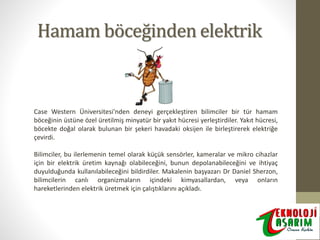 Hamam böceğinden elektrik

Case Western Üniversitesi'nden deneyi gerçekleştiren bilimciler bir tür hamam
böceğinin üstüne özel üretilmiş minyatür bir yakıt hücresi yerleştirdiler. Yakıt hücresi,
böcekte doğal olarak bulunan bir şekeri havadaki oksijen ile birleştirerek elektriğe
çevirdi.
Bilimciler, bu ilerlemenin temel olarak küçük sensörler, kameralar ve mikro cihazlar
için bir elektrik üretim kaynağı olabileceğini, bunun depolanabileceğini ve ihtiyaç
duyulduğunda kullanılabileceğini bildirdiler. Makalenin başyazarı Dr Daniel Sherzon,
bilimcilerin canlı organizmaların içindeki kimyasallardan, veya onların
hareketlerinden elektrik üretmek için çalıştıklarını açıkladı.

 