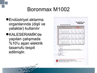 Boronmax M1002 Endüstriyel aktarma organlarında (dişli ve yataklar) kullanılır KALESERAMİK'de yapılan çalışmada %10'u aşan elektrik tasarrufu tespit edilmiştir. 