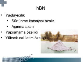 hBN Yağlayıcılık Sürtünme katsayısı azalır. Aşınma azalır Yapışmama özelliği Yüksek ısıl iletim özelliği 