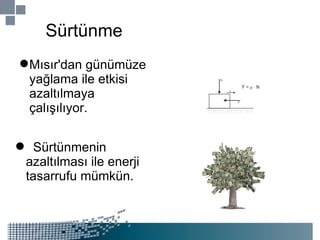 Sürtünme Mısır'dan günümüze yağlama ile etkisi azaltılmaya çalışılıyor. Sürtünmenin azaltılması ile enerji tasarrufu mümkün. 