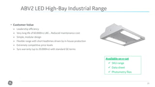 Confidential. Not to be copied, distributed, or reproduced without prior approval. 23
• Customer Value
➢ Leadership efficiency
➢ Very long life of 60.000hrs L80 ... Reduced maintenance cost
➢ Simple, modular design
➢ Flexible range with short leadtimes driven by in-house production
➢ Extremely competitive price levels
➢ 5yrs warranty (up to 20.000hrs) with standard GE terms
ABV2 LED High-Bay Industrial Range
Available on e-cat
✓ SKU range
✓ Data sheet
✓ Photometry files
 