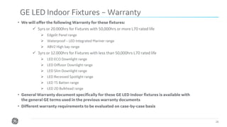 Confidential. Not to be copied, distributed, or reproduced without prior approval. 26
GE LED Indoor Fixtures – Warranty
• We will offer the following Warranty for these fixtures:
✓ 5yrs or 20.000hrs for Fixtures with 50,000hrs or more L70 rated life
➢ Edgelit Panel range
➢ Waterproof – LED Integrated Mariner range
➢ ABV2 High bay range
✓ 3yrs or 12.000hrs for Fixtures with less than 50,000hrs L70 rated life
➢ LED ECO Downlight range
➢ LED Diffusor Downlight range
➢ LED Slim Downlight range
➢ LED Recessed Spotlight range
➢ LED T5 Batten range
➢ LED 2D Bulkhead range
• General Warranty document specifically for these GE LED Indoor fixtures is available with
the general GE terms used in the previous warranty documents
• Different warranty requirements to be evaluated on case-by-case basis
 