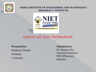 AGROSE GEL ELECTROPHORESIS
Presented by:
Shobhini Chandel
M.Pharm
1stsemester
Submitted to:
Dr. Saumya Das
Associate Professor
NIET(Pharmacy
Institute)
 