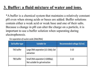 3. Buffer: a fluid mixture of water and ions.
*A buffer is a chemical system that maintains a relatively constant
pH even when strong acids or bases are added. Buffer solutions
contain either a weak acid or weak base and one of their salts.
Because a change in pH can alter the charge on a particle, it is
important to use a buffer solution when separating during
electrophoresis.
 