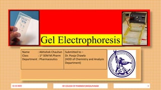 Gel Electrophoresis
12-12-2022 ISF COLLEGE OF PHARMACY,MOGA,PUNJAB 1
Name : Abhishek Chauhan
Class : 1st SEM M.Pharm
Department : Pharmaceutics
Submitted to –
Dr. Pooja Chawla
(HOD of Chemistry and Analysis
Department)
 