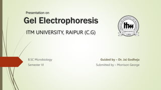 Presentation on
Gel Electrophoresis
ITM UNIVERSITY, RAIPUR (C.G)
B.SC Microbiology Guided by – Dr. Jai Godheja
Semester VI Submitted by – Morrison George
 