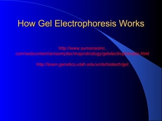 http://www.sumanasinc.
com/webcontent/anisamples/majorsbiology/gelelectrophoresis.html
http://learn.genetics.utah.edu/units/biotech/gel
How Gel Electrophoresis WorksHow Gel Electrophoresis Works
 
