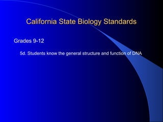 California State Biology StandardsCalifornia State Biology Standards
Grades 9-12
5d. Students know the general structure and function of DNA
 