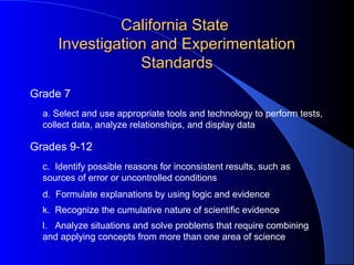California StateCalifornia State
Investigation and ExperimentationInvestigation and Experimentation
StandardsStandards
Grade 7
a. Select and use appropriate tools and technology to perform tests,
collect data, analyze relationships, and display data
Grades 9-12
c. Identify possible reasons for inconsistent results, such as
sources of error or uncontrolled conditions
d. Formulate explanations by using logic and evidence
k. Recognize the cumulative nature of scientific evidence
l. Analyze situations and solve problems that require combining
and applying concepts from more than one area of science
 