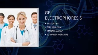 GEL
ELECTROPHORESIS
• PRESENT BY-
• ZEEL JAISHWAL
• MANALI JAGTAP
• SURYANSH AGRAWAL
 