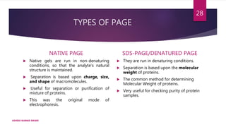 TYPES OF PAGE
NATIVE PAGE
 Native gels are run in non-denaturing
conditions, so that the analyte's natural
structure is maintained.
 Separation is based upon charge, size,
and shape of macromolecules.
 Useful for separation or purification of
mixture of proteins.
 This was the original mode of
electrophoresis.
SDS-PAGE/DENATURED PAGE
 They are run in denaturing conditions.
 Separation is based upon the molecular
weight of proteins.
 The common method for determining
Molecular Weight of proteins.
 Very useful for checking purity of protein
samples.
ASHISH KUMAR SWAIN
28
 