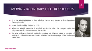 MOVING BOUNDARY ELECTROPHORESIS
 It is the electrophoresis in free solution. Hence, also known as Free Boundary
Electrophoresis.
 It was developed by Tiselius in 1937.
 When an electric potential is applied across the tube, the charged molecules
migrate towards one or the other electrodes.
 Because different charged molecules migrate at different rates, a number of
interfaces or boundaries are formed between the leading edge of each charged
molecules.
ASHISH KUMAR SWAIN
8
 