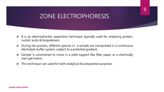 ZONE ELECTROPHORESIS
 It is an electrophoretic separation technique typically used for analysing protein,
nucleic acids & biopolymers.
 During the process, different species in a sample are transported in a continuous
electrolyte buffer system, subject to a potential gradient.
 Sample is constrained to move in a solid support like filter paper or a chemically
inert gel matrix.
 This technique can used for both analytical & preparative purposes.
ASHISH KUMAR SWAIN
9
 