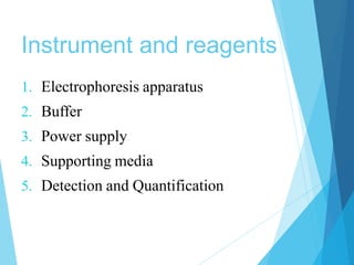 Instrument and reagents
1. Electrophoresis apparatus
2. Buffer
3. Power supply
4. Supporting media
5. Detection and Quanti...