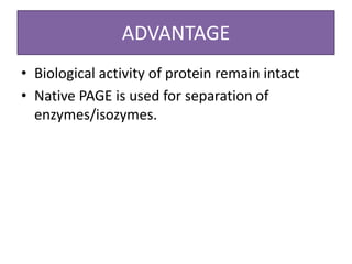 ADVANTAGE
• Biological activity of protein remain intact
• Native PAGE is used for separation of
enzymes/isozymes.
 