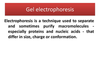 Gel electrophoresis
Electrophoresis is a technique used to separate
and sometimes purify macromolecules -
especially proteins and nucleic acids - that
differ in size, charge or conformation.
 
