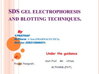 SDS GEL ELECTROPHORESIS 
AND BLOTTING TECHNIQUES. 
By 
Y.PRATHAP 
M.Pharm I- Sem (PHARMACEUTICS). 
Roll no: 256213886031. 
Under the guidance 
of: 
Asst.Prof . Mr. Uttam 
Prasad Panigrahi . 
M.PHARM,(PAT). 
 