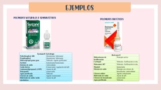Ejemplos
Systane® Gel drops
Polietilenglicol 400 Demulcente /lubricante
Propilenglicol Demulcente /lubricante
Hidroxipropi...