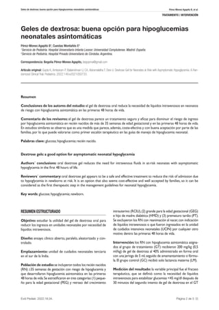 RESUMEN ESTRUCTURADO
Objetivo: estudiar la utilidad del gel de dextrosa oral para
reducir los ingresos en unidades neonata...