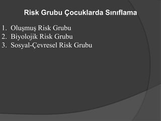 Risk Grubu Çocuklarda Sınıflama

1. Oluşmuş Risk Grubu
2. Biyolojik Risk Grubu
3. Sosyal-Çevresel Risk Grubu
 