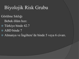Biyolojik Risk Grubu
Görülme Sıklığı
  Bebek ölüm hızı:
 Türkiye binde 42.7
 ABD binde 7
 Almanya ve İngiltere’de binde 5 veya 6 civarı.
 