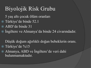 Biyolojik Risk Grubu
  5 yaş altı çocuk ölüm oranları
 Türkiye’de binde 52.1
 ABD’de binde 31
 İngiltere ve Almanya’da binde 24 civarındadır.


  Düşük doğum ağırlıklı doğan bebeklerin oranı.
 Türkiye’de %15
 Almanya, ABD ve İngiltere’de veri dahi
  bulunmamaktadır.
 