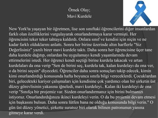 Örnek Olay;
                                  Mavi Kurdele

New York'ta yaşayan bir öğretmen, lise son sınıftaki öğrencilerini diğer insanlardan
farklı olan özelliklerini vurgulayarak onurlandırmaya karar vermişti. Her
öğrencisini teker teker tahtaya kaldırdı. Onlara sınıf ve kendisi için niçin ve ne
kadar farklı olduklarını anlattı. Sonra her birine üzerinde altın harflerle "Siz
Değerlisiniz" yazılı birer mavi kurdele taktı. Daha sonra her öğrencisine üçer tane
daha kurdele dağıtıp, onlardan bu uygulamayı kendi yaşamlarında devam
ettirmelerini istedi. Her öğrenci kendi seçtiği birine kurdela takacak ve artan
kurdelaları da ona verip "Sen de birini seç, kurdela tak, kalan kurdelayı da ona ver,
o da birini seçsin" diyecekti. Öğrenciler daha sonra sonuçları takip edecek, kimin
kimi onurlandırdığı konusunda hafta boyunca sınıfa bilgi vereceklerdi. Çocuklardan
biri, gelecekteki kariyer çalışmaları için kendisine çok yardımcı olan bir şirketin üst
düzey görevlisinin yakasına iğneledi, mavi kurdeleyi.. Kalan iki kurdeleyi de ona
verip "Sınıfça bir projemiz var. Sizden onurlandırmanız için birini bulmanızı
istiyoruz. Onurlandırdığınıza ikinci kurdeleyi verin. O da bu projenin devam etmesi
için başkasını bulsun. Daha sonra lütfen bana ne olduğu konusunda bilgi verin." O
gün üst düzey yönetici, şirkette suratsız biri olarak bilinen patronunun yanına
gitmeye karar verdi.
 