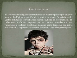 El acoso escolar al igual que otras formas de maltrato psicológico produce
secuelas biológicas (expresión de genes) y mentales. Especialistas del
Centro de Estudios sobre el Estrés Humano (CSHS) del Hospital Louis-H.
Lafontaine de Canadá sugieren que las víctimas acosadas son más
vulnerables a padecer problemas mentales como trastorno por estrés
postraumático, depresión y trastornos del ánimo a medida que envejecen.
 