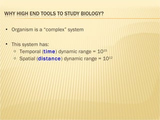 Organism is a “complex” system This system has: Temporal ( time ) dynamic range = 10 15   Spatial ( distance ) dynamic range = 10 12 