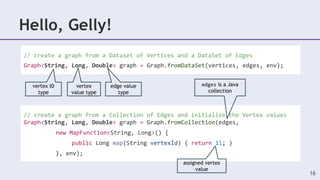 Hello, Gelly!
// create a graph from a Dataset of Vertices and a DataSet of Edges
Graph<String, Long, Double> graph = Graph.fromDataSet(vertices, edges, env);
16
// create a graph from a Collection of Edges and initialize the Vertex values
Graph<String, Long, Double> graph = Graph.fromCollection(edges,
new MapFunction<String, Long>() {
public Long map(String vertexId) { return 1l; }
}, env);
vertex ID
type
vertex
value type
edge value
type
edges is a Java
collection
assigned vertex
value
 