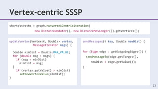 Vertex-centric SSSP
shortestPaths = graph.runVertexCentricIteration(
new DistanceUpdater(), new DistanceMessenger()).getVertices();
DistanceUpdater: VertexUpdateFunction DistanceMessenger: MessagingFunction
23
sendMessages(K key, Double newDist) {
for (Edge edge : getOutgoingEdges()) {
sendMessageTo(edge.getTarget(),
newDist + edge.getValue());
}
updateVertex(Vertex<K, Double> vertex,
MessageIterator msgs) {
Double minDist = Double.MAX_VALUE;
for (double msg : msgs) {
if (msg < minDist)
minDist = msg;
}
if (vertex.getValue() > minDist)
setNewVertexValue(minDist);
}
 