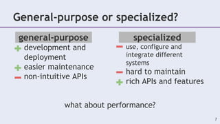 General-purpose or specialized?
- fast application
development and
deployment
- easier maintenance
- non-intuitive APIs
- time-consuming
- use, configure and
integrate different
systems
- hard to maintain
- rich APIs and features
general-purpose specialized
what about performance?
7
 