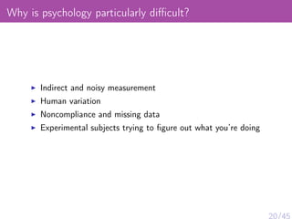 Why is psychology particularly diﬃcult?
Indirect and noisy measurement
Human variation
Noncompliance and missing data
Experimental subjects trying to ﬁgure out what you’re doing
20/45
 