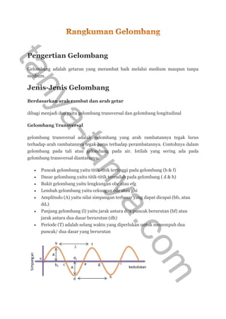 Pengertian Gelombang
Gelombang adalah getaran yang merambat baik melalui medium maupun tanpa
medium.
Jenis-Jenis Gelombang
Berdasarkan arah rambat dan arah getar
dibagi menjadi dua yaitu gelombang transversal dan gelombang longitudinal
Gelombang Transversal
gelombang transversal adalah gelombang yang arah rambatannya tegak lurus
terhadap arah rambatannya tegak lurus terhadap perambatannya. Contohnya dalam
gelombang pada tali atau gelombang pada air. Istilah yang sering ada pada
gelombang transversal diantaranya:
 Puncak gelombang yaitu titik-titik tertinggi pada gelombang (b & f)
 Dasar gelombang yaitu titik-titik terendah pada gelombang ( d & h)
 Bukit gelombang yaitu lengkungan obc atau efg
 Lembah gelombang yaitu cekungan cde atau ghi
 Amplitudo (A) yaitu nilai simpangan terbesar yang dapat dicapai (bb1 atau
dd1)
 Panjang gelombang (l) yaitu jarak antara dua puncak berurutan (bf) atau
jarak antara dua dasar berurutan (dh)
 Periode (T) adalah selang waktu yang diperlukan untuk menempuh dua
puncak/ dua dasar yang berurutan
tanya-tanya.com
 