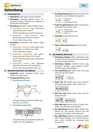 FIS 3
1
materi78.co.nr
GELOMBANG
Gelombang
A. PENDAHULUAN
Gelombang adalah getaran yang merambat.
Gelombang merambat getaran tanpa me-
mindahkan partikel. Partikel hanya bergerak di
sekitar titik kesetimbangan.
Gelombang berdasarkan medium dibagi menjadi:
1) Gelombang mekanik, yaitu gelombang
yang membutuhkan medium.
Contoh: gelombang laut, gelombang bunyi.
2) Gelombang elektromagnetik, yaitu
gelombang yang tidak butuh medium.
Contoh: gelombang cahaya.
Gelombang berdasarkan arah rambat dibagi
menjadi:
1) Gelombang transversal, yaitu gelom-bang
yang tegak lurus dengan arah rambat.
Contoh: gelombang cahaya.
2) Gelombang longitudinal, yaitu gelom-
bang yang searah dengan arah rambat.
Contoh: gelombang permukaan, gelombang
bunyi, pegas.
3) Gelombang sirkular, yaitu gabungan
gelombang transversal dan longitudinal.
Contoh: gelombang pada permukaan air.
B. BESARAN-BESARAN GELOMBANG
Amplitudo adalah simpangan terjauh yang
dimiliki suatu gelombang.
Panjang gelombang adalah:
1) Gelombang transversal
Satu gelombang (λ) transversal adalah satu
bukit dan satu lembah.
2) Gelombang longitudinal
Satu gelombang (λ) longitudinal adalah satu
rapatan dan satu renggangan.
Periode gelombang (T) adalah lama waktu yang
dibutuhkan untuk melakukan satu getaran.
Frekuensi gelombang (f) adalah jumlah getaran
yang terjadi dalam satuan waktu.
Hubungan periode dan frekuensi:
Cepat rambat gelombang dapat dirumuskan:
C. GELOMBANG BERJALAN
Gelombang berjalan adalah gelombang yang
merambat dengan amplitudo tetap atau konstan
di setiap titik yang dilaluinya.
Gelombang berjalan memiliki bentuk yang
sinusoidal, sehingga dapat dibentuk sebuah
persamaan gelombang berjalan.
Fase gelombang (φ) adalah sudut fase yang
ditempuh tiap satu putaran.
Sudut fase (θ) adalah sudut yang ditempuh
gelombang saat bergetar dalam fungsi sinus.
Beda fase (Δφ) adalah selisih antara satu fase
dengan fase lain.
Nilai beda fase berkisar antara nol sampai satu,
dengan nilai bilangan bulat diabaikan.
Dua gelombang dikatakan sefase apabila beda
fasenya nol, dan memiliki frekuensi dan titik
simpangan sama dalam waktu yang sama.
Dua gelombang dikatakan berlawanan apabila
beda fasenya setengah, dan memiliki frekuensi
sama namun memiliki titik simpangan yang
bercerminan.
A λ
t
-A
s
bukit
lembah
λ
s
A
rapatan
renggangan
T =
t
n
T = periode (s)
t = waktu (s)
n = jumlah getaran (kali)
f =
n
t
f = frekuensi (Hz)
n = jumlah getaran (kali)
t = waktu (s)
T =
1
f
f =
1
T
v =
λ
T v = λ.f
φ =
t
T
+
x
λ
t = waktu (s)
T = periode (s)
θ = 2π (
t
T
+
x
λ
)
Δφ =
∆x
λ Δx = x2 – x1
 