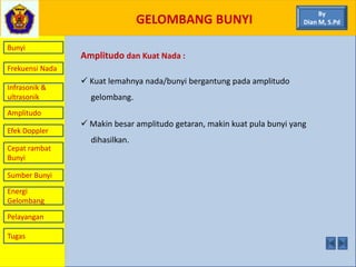 GELOMBANG BUNYI
Bunyi
Frekuensi Nada
Infrasonik &
ultrasonik
Amplitudo
Efek Doppler
Cepat rambat
Bunyi
Sumber Bunyi
Energi
Gelombang
Pelayangan
Amplitudo dan Kuat Nada :
 Kuat lemahnya nada/bunyi bergantung pada amplitudo
gelombang.
 Makin besar amplitudo getaran, makin kuat pula bunyi yang
dihasilkan.
By
Dian M, S.Pd
Tugas
 