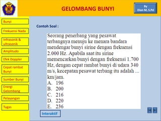 GELOMBANG BUNYI
Bunyi
Frekuensi Nada
Infrasonik &
ultrasonik
Amplitudo
Efek Doppler
Cepat rambat
Bunyi
Sumber Bunyi
Energi
Gelombang
Pelayangan
Contoh Soal :
Interaktif
By
Dian M, S.Pd
Tugas
 