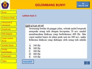 GELOMBANG BUNYI
Bunyi
Frekuensi Nada
Infrasonik &
ultrasonik
Amplitudo
Efek Doppler
Cepat rambat
Bunyi
Sumber Bunyi
Energi
Gelombang
Pelayangan
Latihan Soal: 2
Interaktif
By
Dian M, S.Pd
Tugas
 