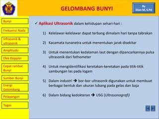 GELOMBANG BUNYI
Bunyi
Frekuensi Nada
Infrasonik &
ultrasonik
Amplitudo
Efek Doppler
Cepat rambat
Bunyi
Sumber Bunyi
Energi
Gelombang
Pelayangan
 Aplikasi Ultrasonik dalam kehidupan sehari-hari :
1) Kelelawar-kelelawar dapat terbang dimalam hari tanpa tabrakan
2) Kacamata tunanetra untuk menentukan jarak disekitar
3) Untuk menentukan kedalaman laut dengan dipancarkannya pulsa
ultrasonik dari fathometer
4) Untuk mengidentifikasi keretakan-keretakan pada titik-titik
sambungan las pada logam
5) Dalam industri  bor-bor ultrasonik digunakan untuk membuat
berbagai bentuk dan ukuran lubang pada gelas dan baja
6) Dalam bidang kedokteran  USG (Ultrasonografi)
By
Dian M, S.Pd
Tugas
 