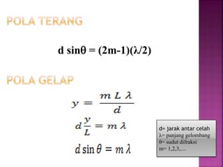 d sin = (2m-1)(λ/2)
d= jarak antar celah
λ= panjang gelombang
θ= sudut difraksi
m= 1,2,3,....
 