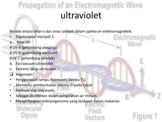 ultraviolet
Berada antara sinar-x dan sinar tampak dalam spektrum elektromagnektik.
• Digolongkan menjadi 3:
a. Near UV
# UV A (gelombang panjang)
# UV B (gelombang medium)
#UV C (gelombang pendek)
b. Far/vacuum ultraviolet
c. Extrem/ deep ultraviolet
 Kegunaan:
• Penggunaaan lampu fluoresent (lampu TL)
• Membntu pembentukan vitamin D pada tubuh
• Steilisasi alat alat medis
• Sebagai disinfektan dalam pengolahan air minum
• Menghilangkan mikroorganisme yang terdapat dalam makanan
 
