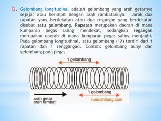 b. Gelombang longitudinal adalah gelombang yang arah getarnya
sejajar atau berimpit dengan arah rambatannya. Jarak dua
rapatan yang berdekatan atau dua regangan yang berdekatan
disebut satu gelombang. Rapatan merupakan daerah di mana
kumparan pegas saling mendekat, sedangkan regangan
merupakan daerah di mana kumparan pegas saling menjauhi.
Pada gelombang longitudinal, satu gelombang (1λ) terdiri dari 1
rapatan dan 1 renggangan. Contoh: gelombang bunyi dan
gelombang pada pegas.
 