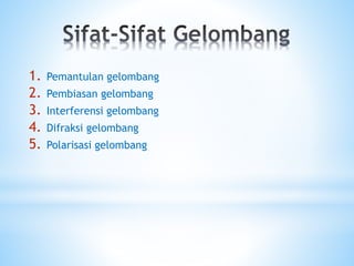 1. Pemantulan gelombang
2. Pembiasan gelombang
3. Interferensi gelombang
4. Difraksi gelombang
5. Polarisasi gelombang
 